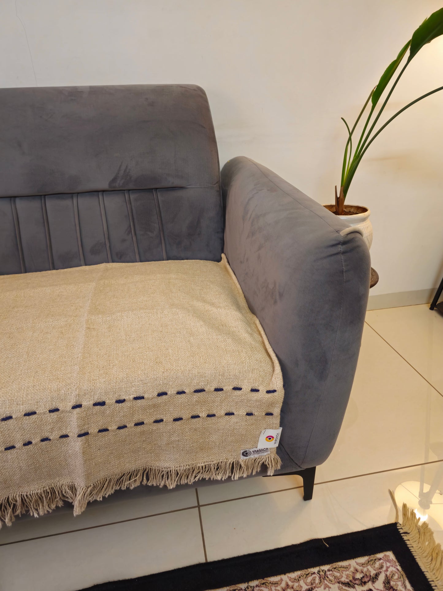 Soft Beige Jute Cotton Sofa Cover | Handloom Throw with Navy Blue Thread Work & Fringe