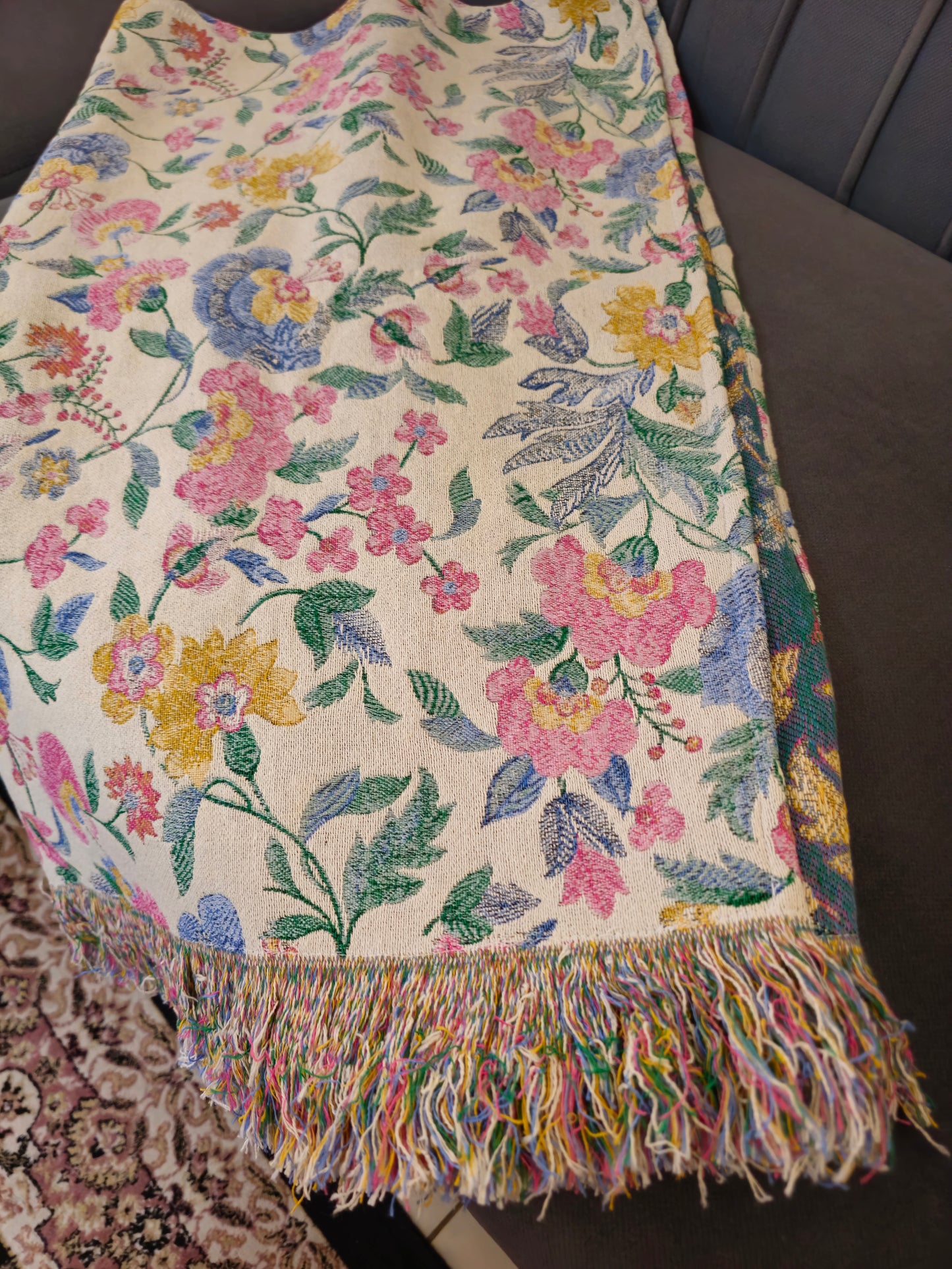 Off-White Pastel Floral Motif Sofa Cover with Multicolour Fringe | Thick Handloom Cotton Sofa Cover Throw