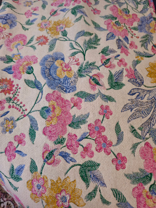 Off-White Pastel Floral Motif Table Cover with Multicolour Fringe | Thick Handloom Cotton Table Linen