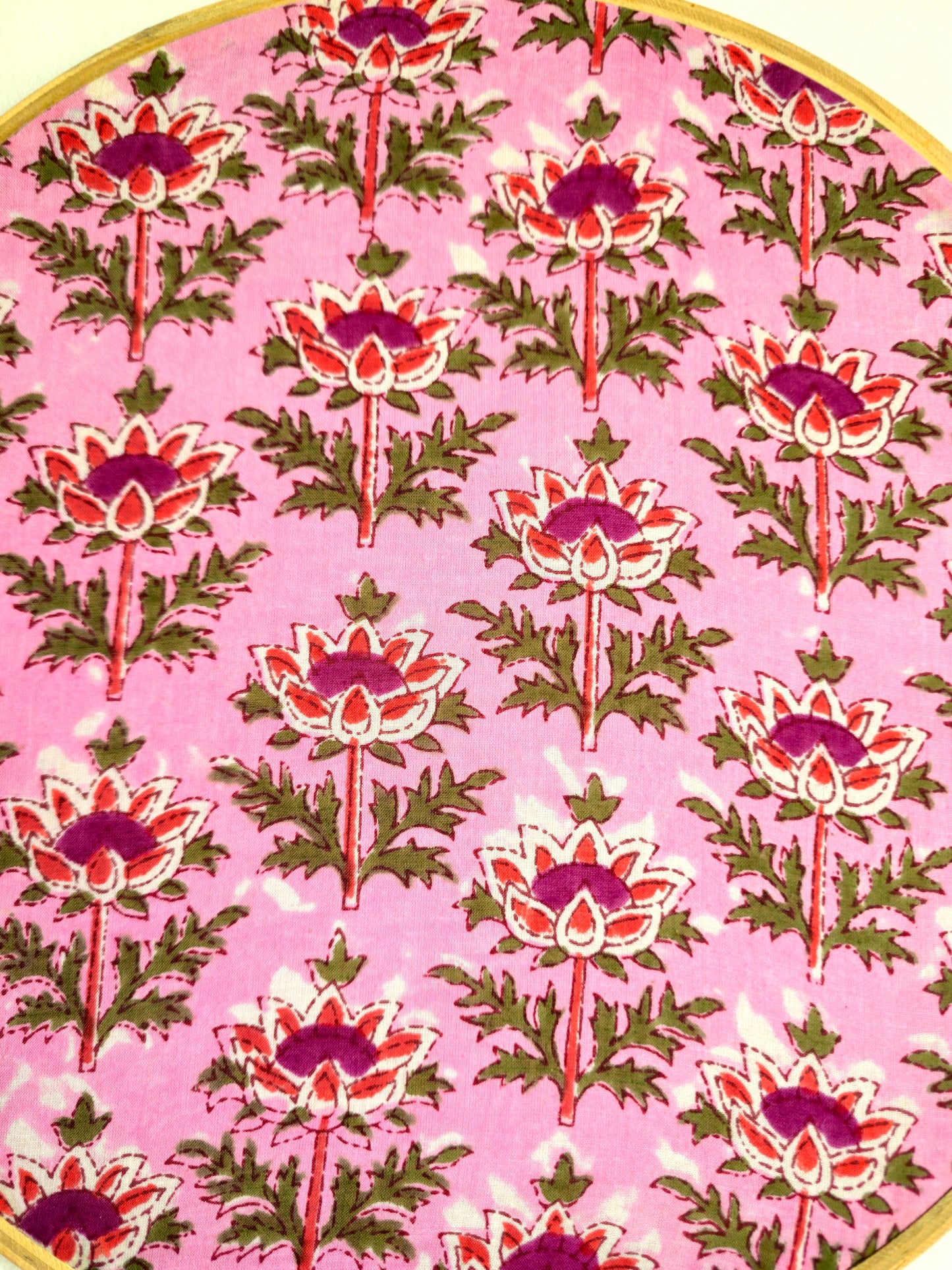 Pink Floral Lotus Motif Embroidery Hoop – Upcycled Fabric | Multiple Sizes