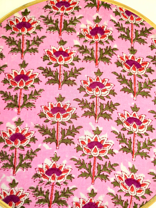 Pink Floral Lotus Motif Embroidery Hoop – Upcycled Fabric | Multiple Sizes