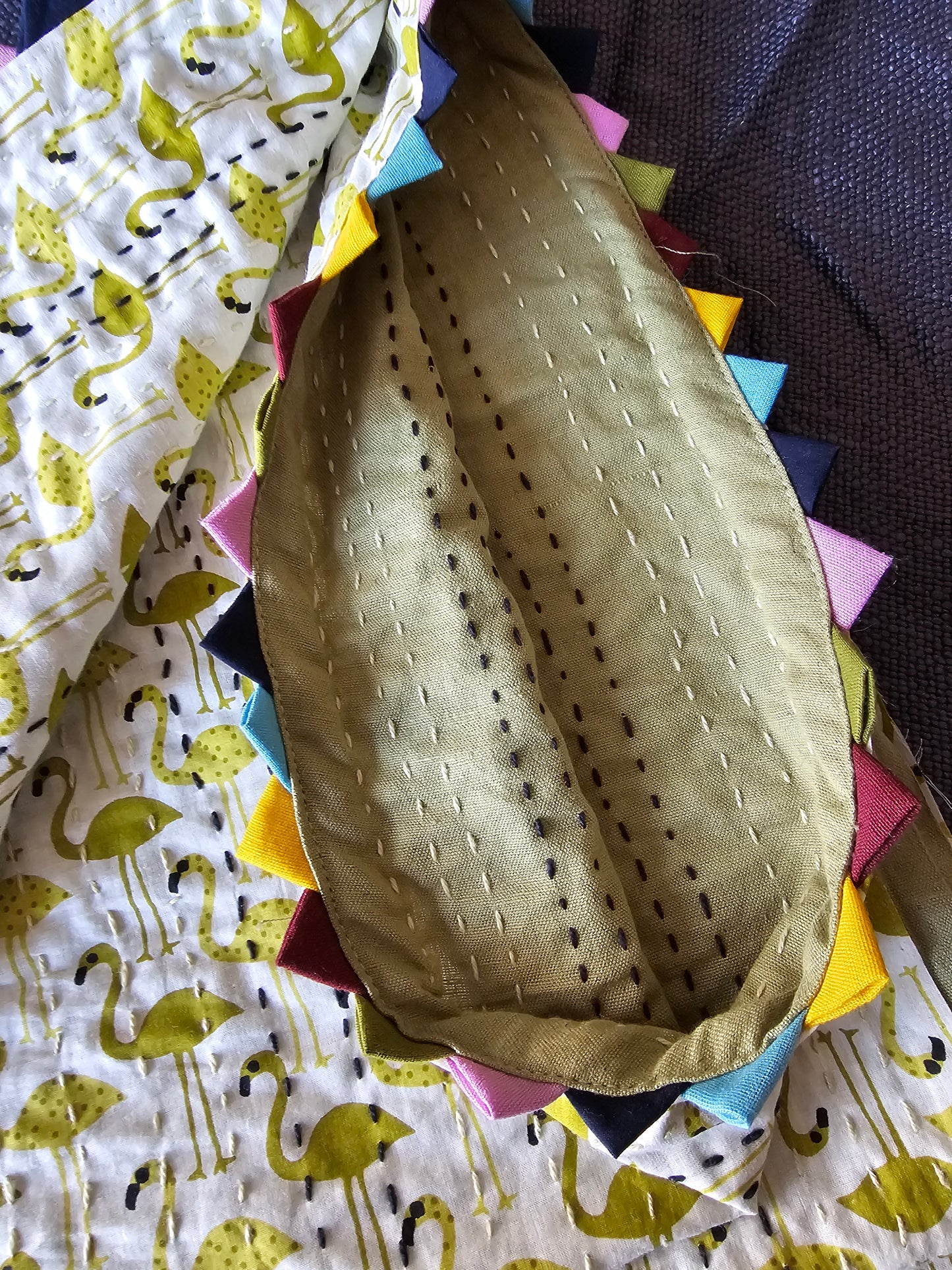 Green Flamingo Print Reversible Cotton Baby Quilt/Dohar Blanket | Multicolour Triangle Border | Handmade Kantha Baby Quilt