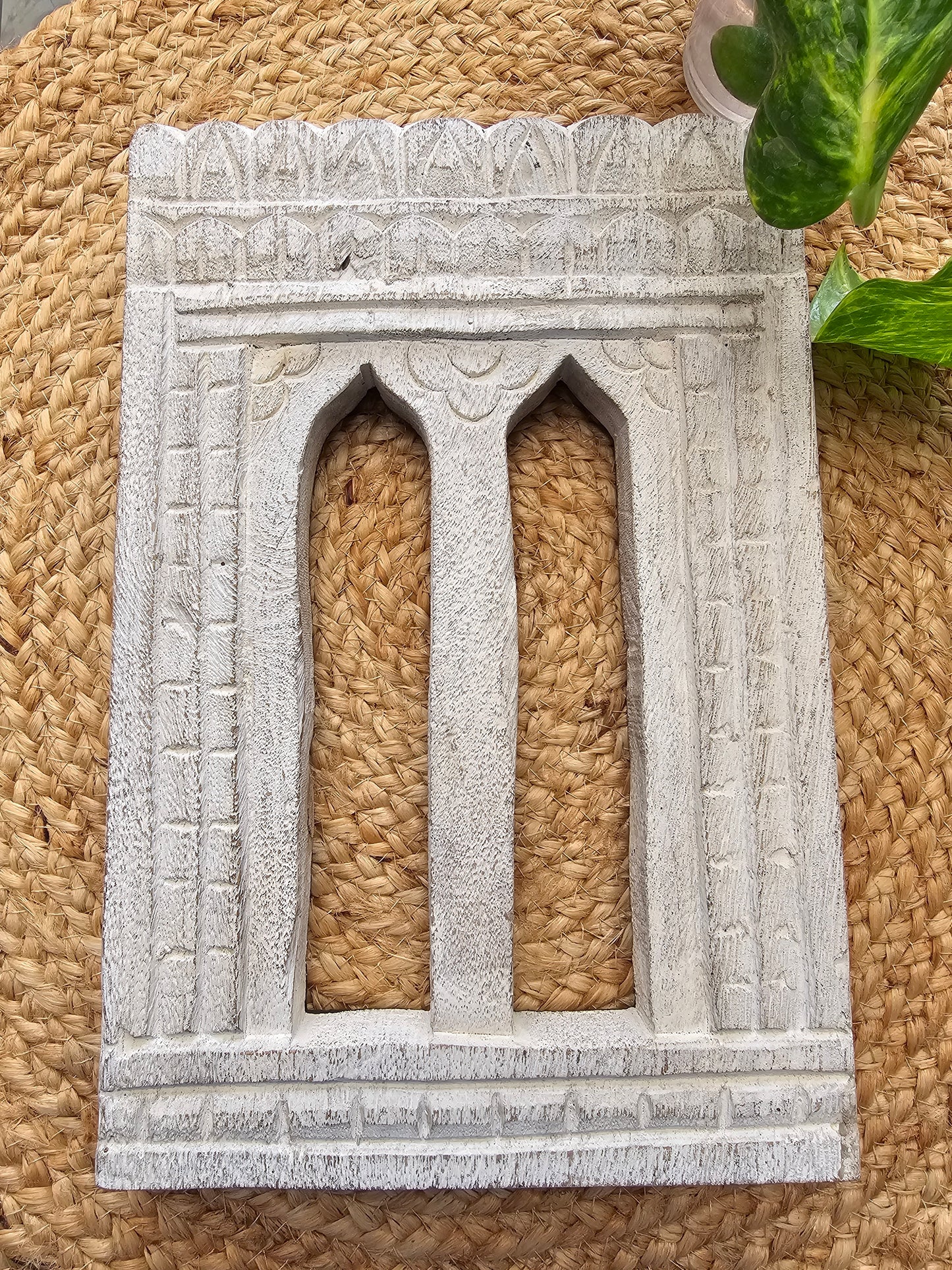 Vintage White Hand-Carved Wooden Jharokha | Traditional Rajasthani Wall Hanging Window Frame