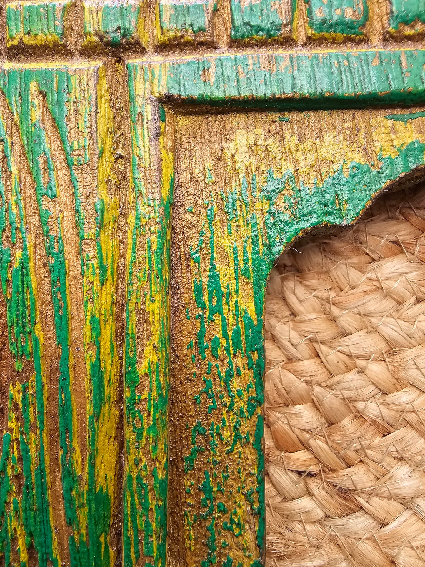 Vintage Green Hand-Carved Wooden Jharokha | Traditional Rajasthani Wall Hanging Window Frame