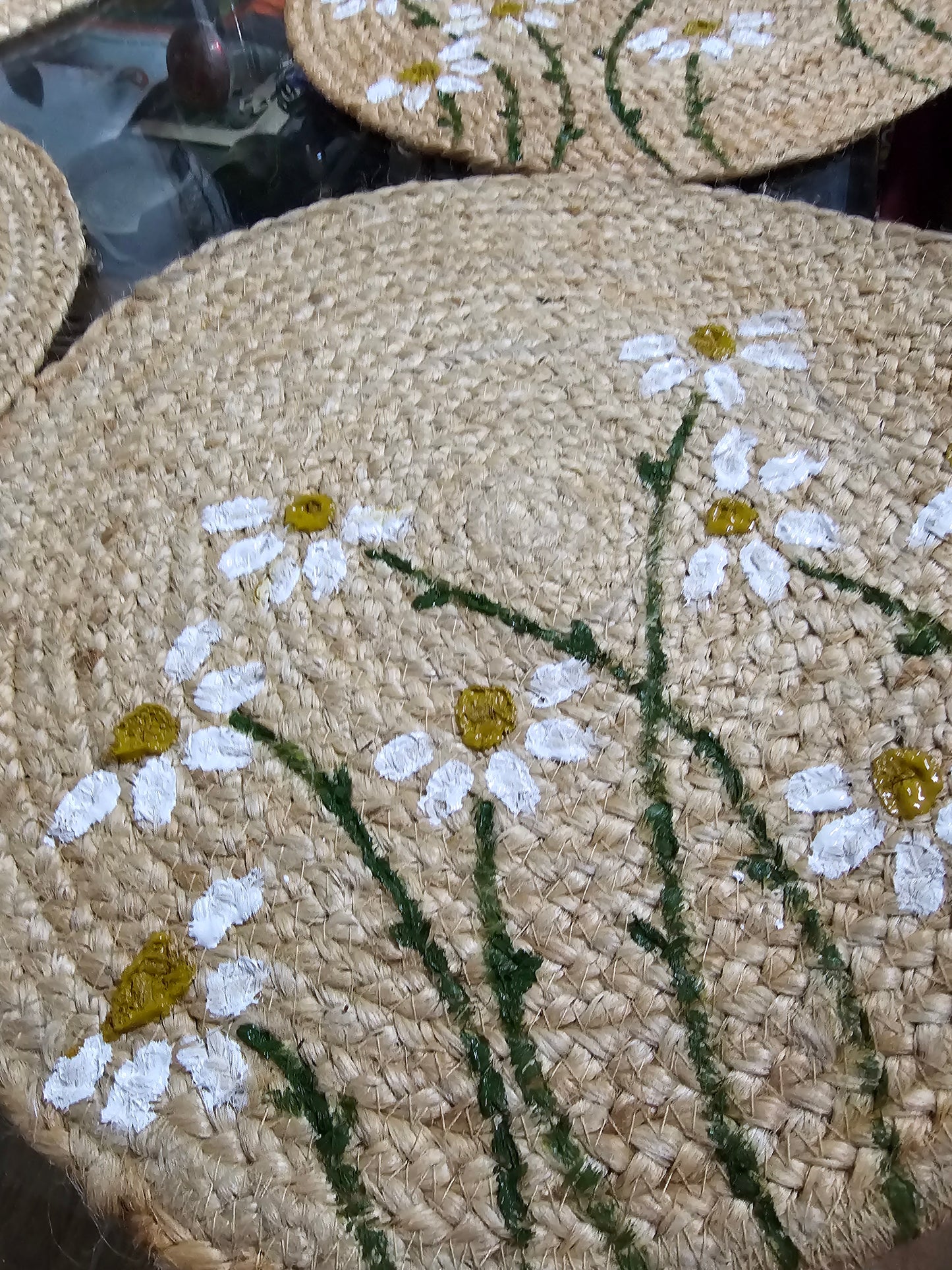 15" Hand-Painted Daisy Jute Table Mats | Braided Natural Jute | Artisanal Floral Table Decor