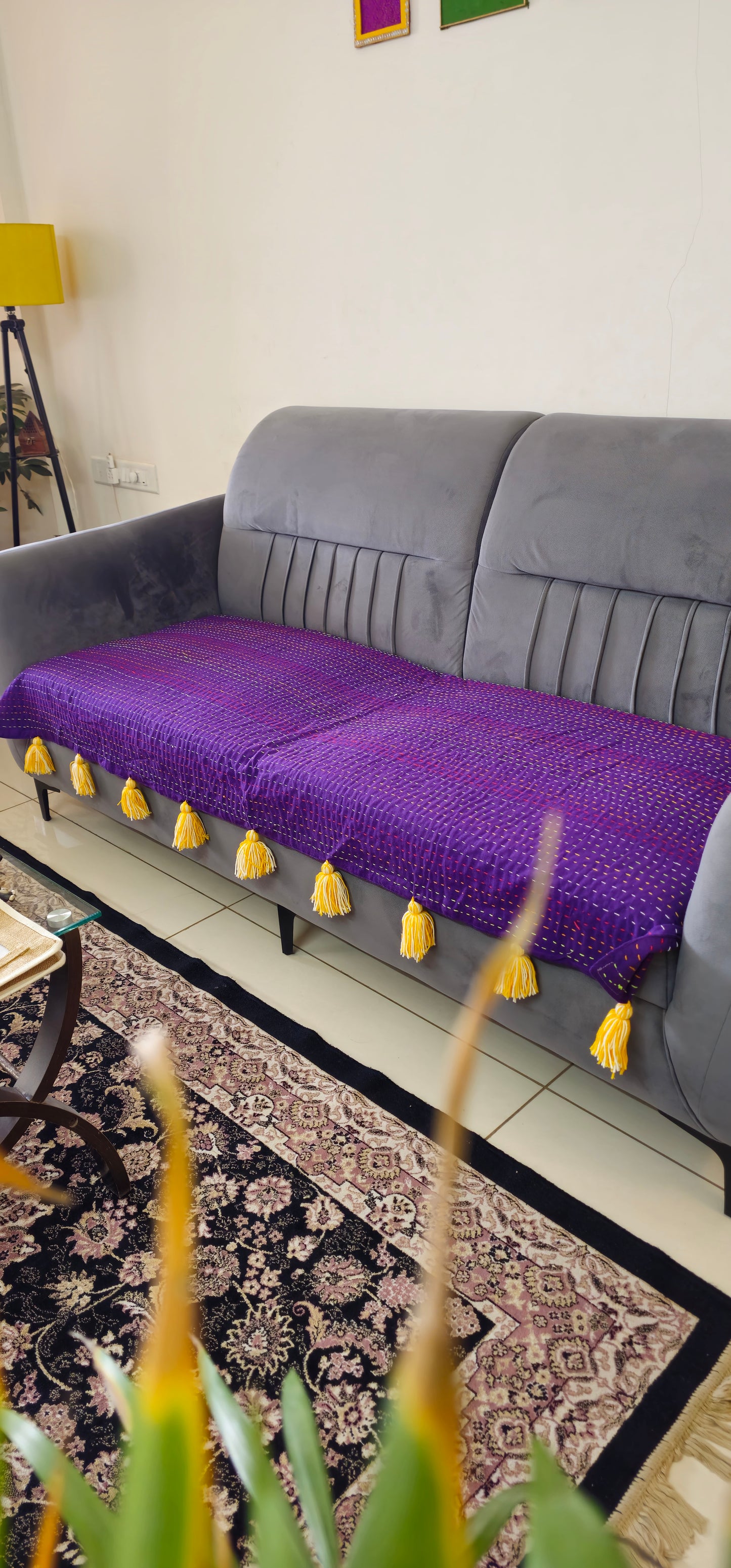 Solid Purple Kantha Sofa Cover | 100% Cotton Hand-Stitched Throw | Yellow Tassels
