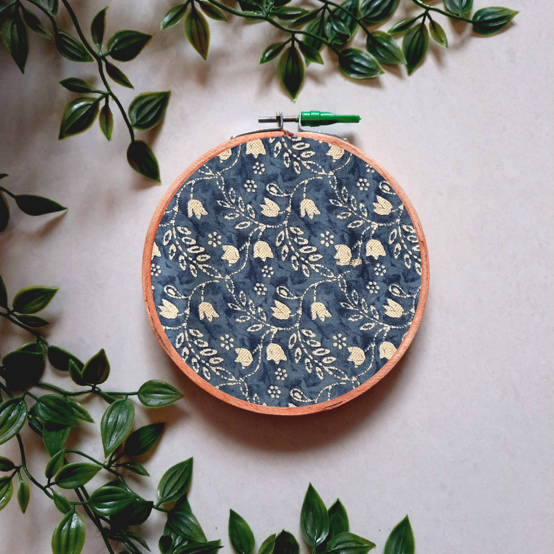 Indigo Blue Small Floral Embroidery Hoop | Upcycled Fabric | Handmade Wall Decor
