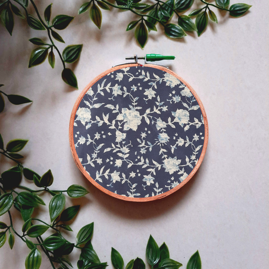 Indigo Blue Floral Embroidery Hoop | Upcycled Fabric | Handmade Wall Decor