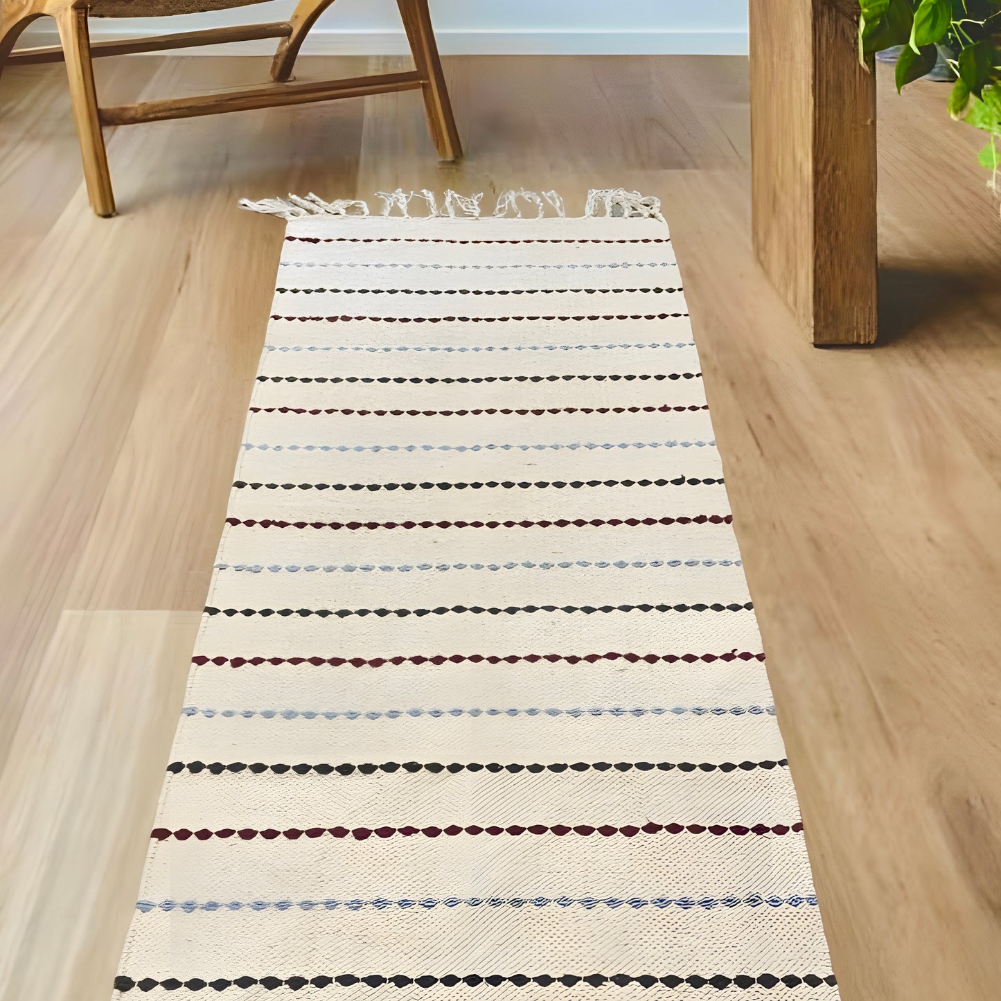 2x5 ft handwoven white cotton dhurrie rug with multicolor subtle stripes and tassels