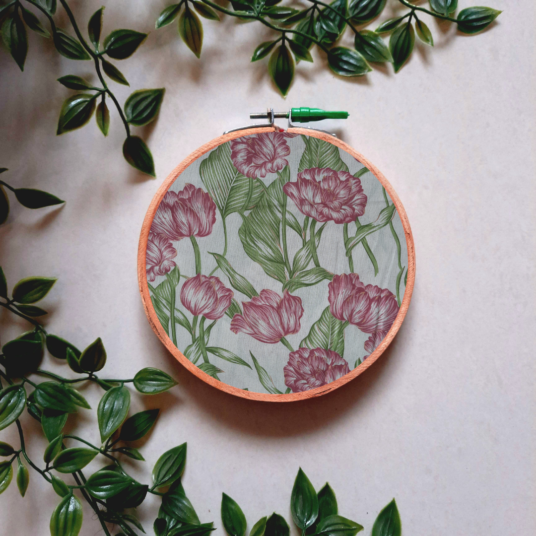 Pink Floral Print with Green Leaves Embroidery Hoop | Upcycled Fabric | Handmade Wall Art