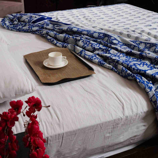 Indigo Blue Floral Print Pure Cotton Reversible Dohar King Size
