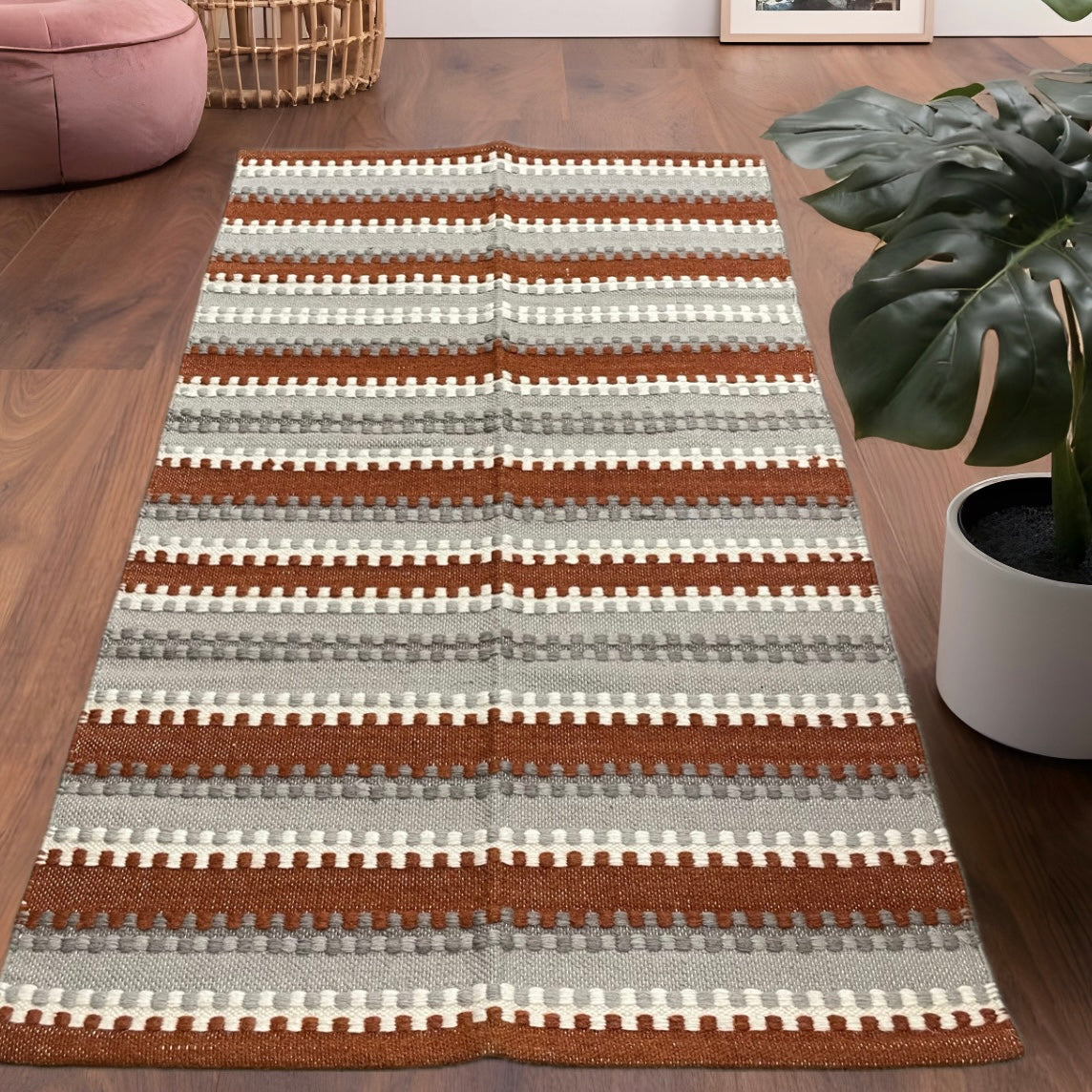 5x3 ft Orange, Beige & Grey Striped Woollen Dhurrie – Boho Aesthetic Rug
