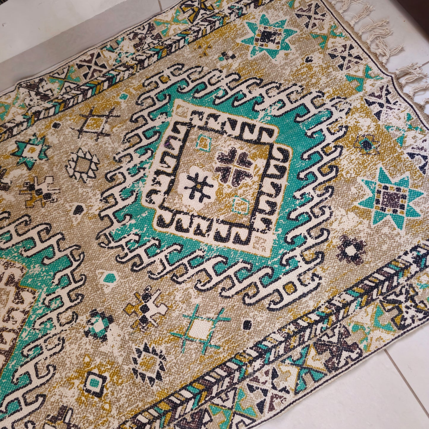 5x3 ft light green and yellow Persian pattern printed cotton dhurrie with tassels, handwoven for an elegant living room look