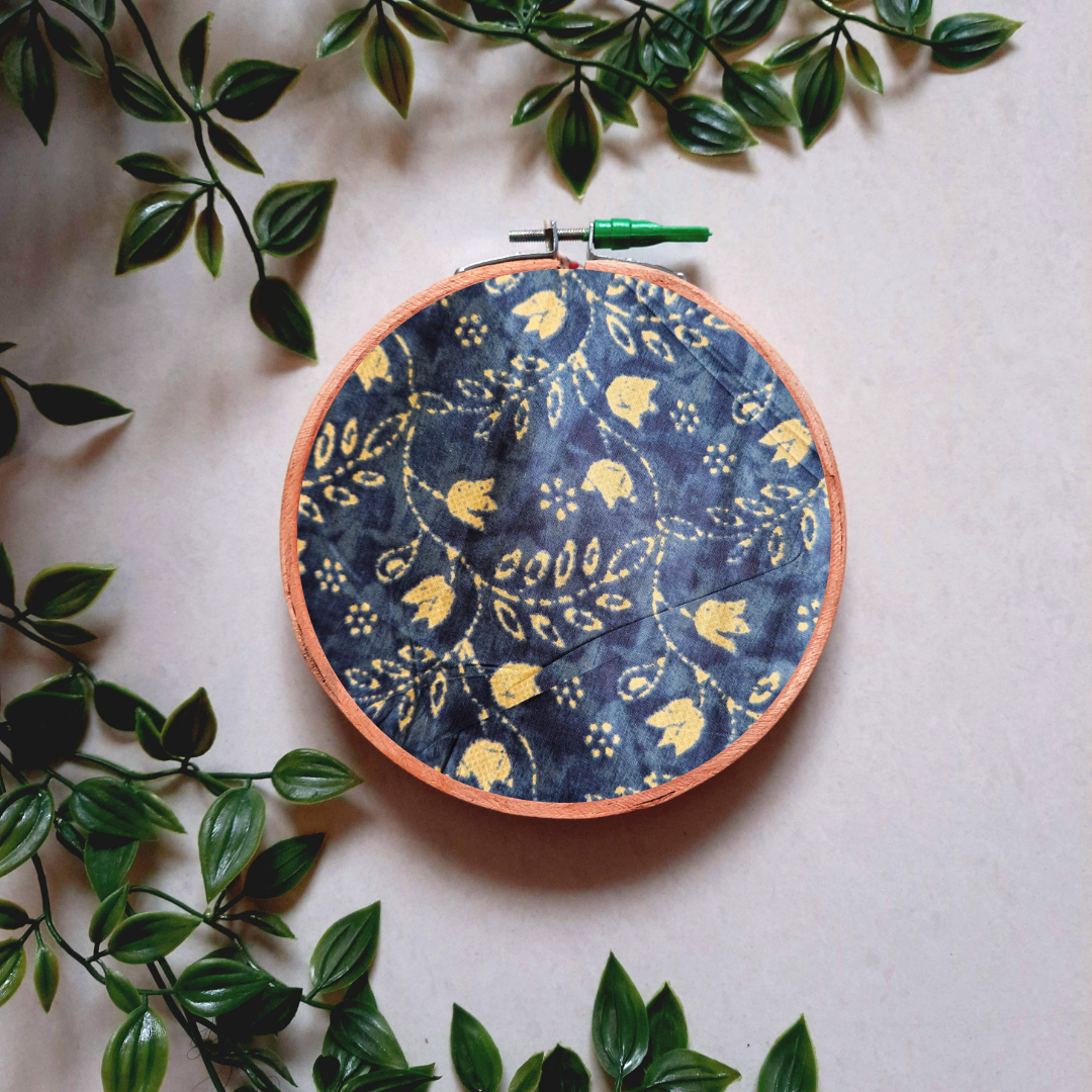 Indigo Blue Small Floral Embroidery Hoop | Upcycled Fabric | Handmade Wall Decor