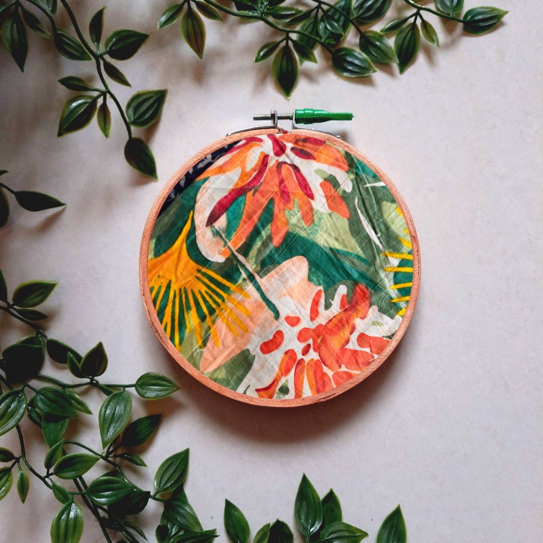 Orange and Green Floral Embroidery Hoop Wall Decor | Upcycled Fabric | Handmade
