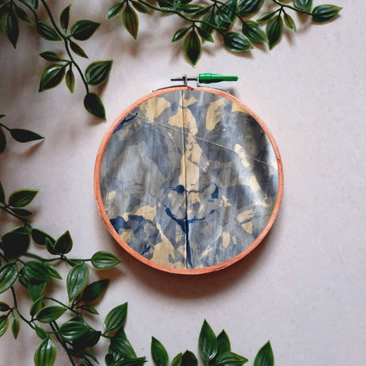 Blue and Grey Abstract Print Embroidery Hoop | Upcycled Fabric | Handmade Wall Art
