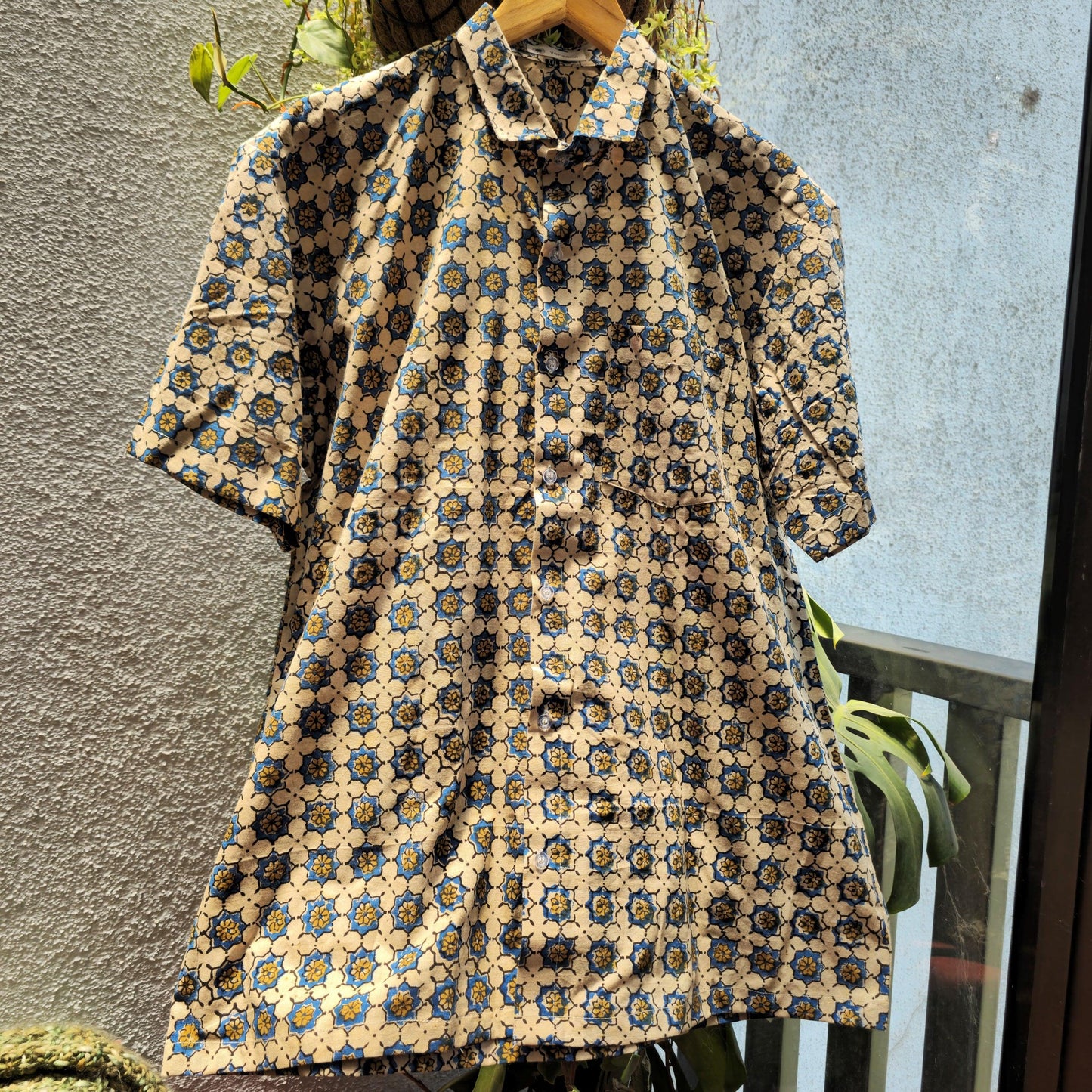 Beige And Blue Ajrakh Print Men's Cotton Shirt