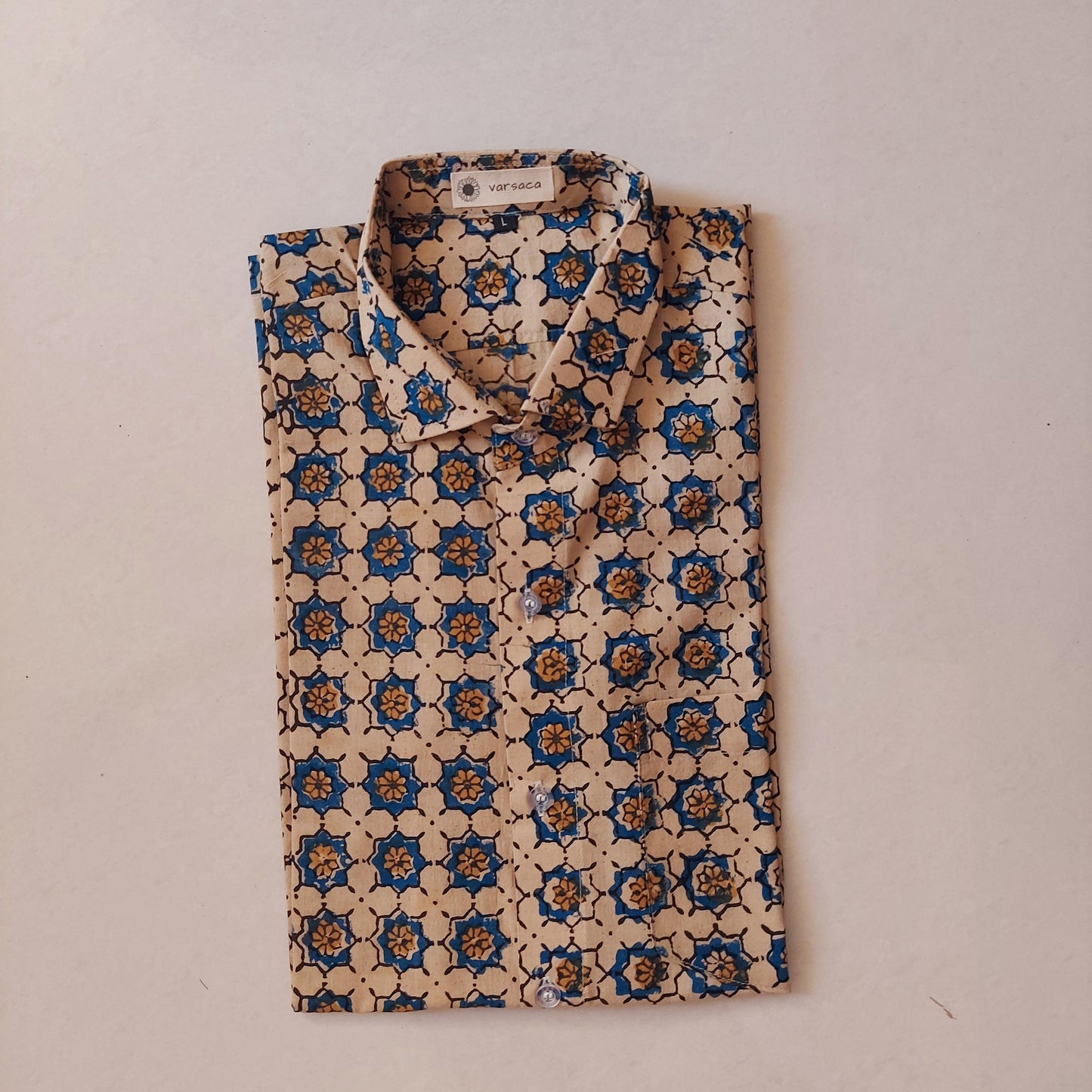 Beige And Blue Ajrakh Print Men's Cotton Shirt