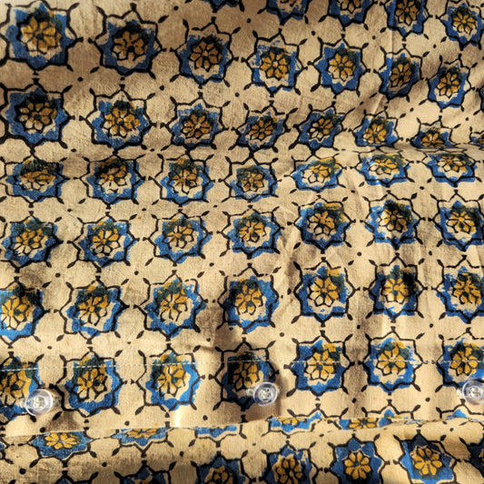 Beige And Blue Ajrakh Print Men's Cotton Shirt