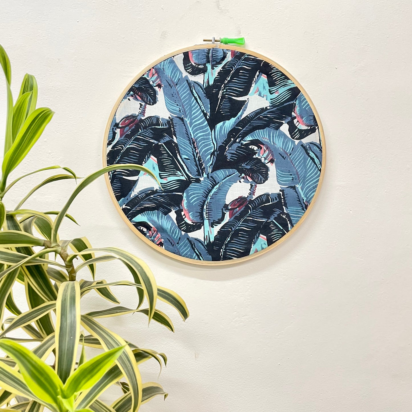Black and Blue Banana Leaf Embroidery Hoop – Upcycled Fabric | Multiple Sizes