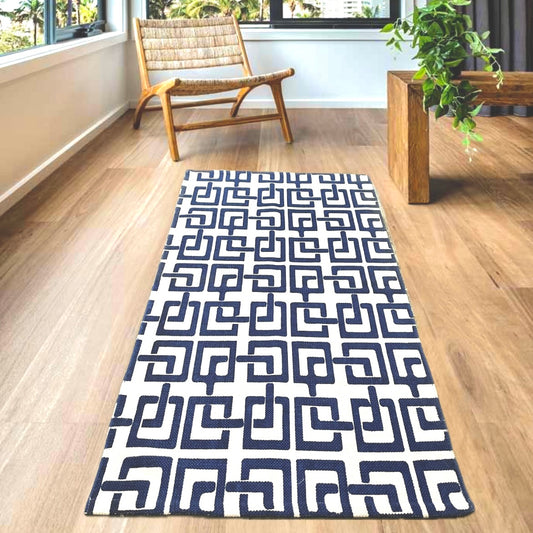Blue-White Geometric Square Pattern Cotton Rug | Handwoven Dhurrie