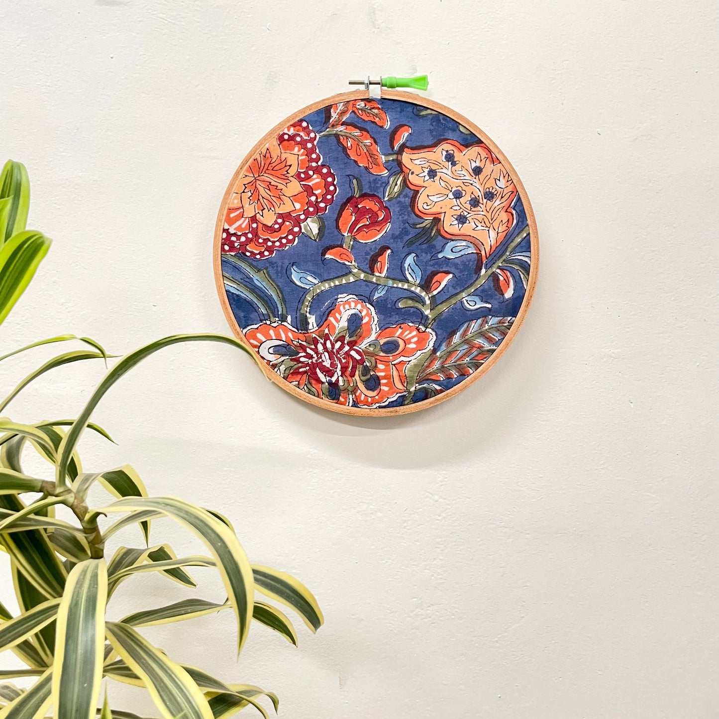 Blue Fabric with Bold Red Floral Motifs Embroidery Hoop – Upcycled Fabric | Multiple Sizes