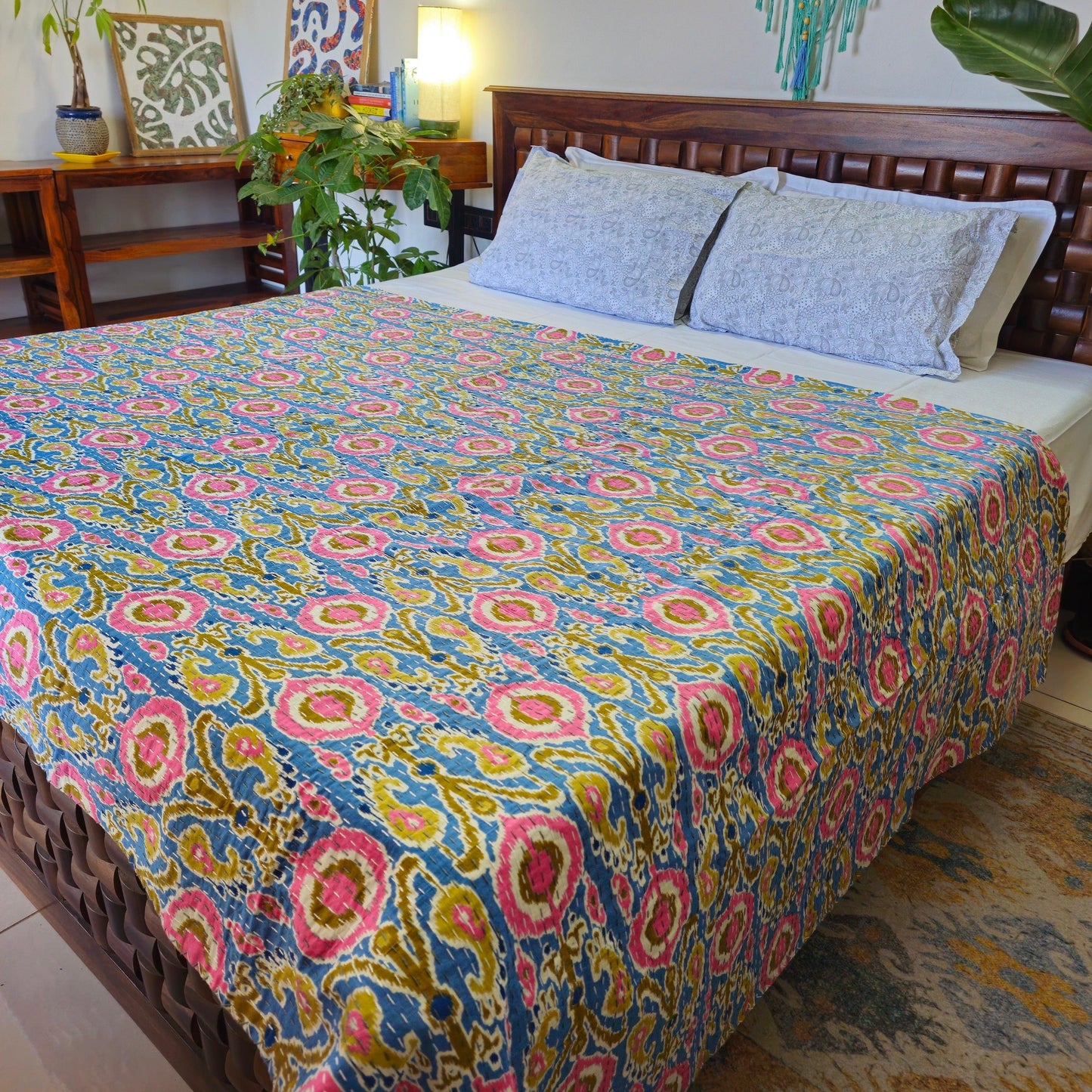 Light Blue And Pink Kantha Work Ikkat Print Bedcover