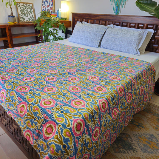 Light Blue And Pink Kantha Work Ikkat Print Bedcover