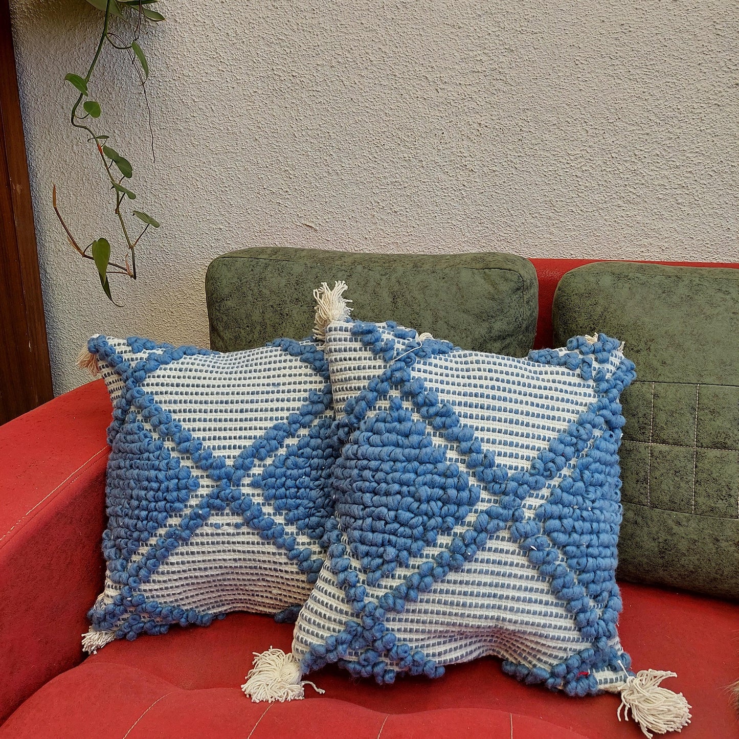 Boho Style Blue And White Handcrafted Cushion Cover With Tassels