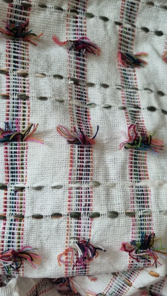 Close-up of a woven fabric with colorful patterns