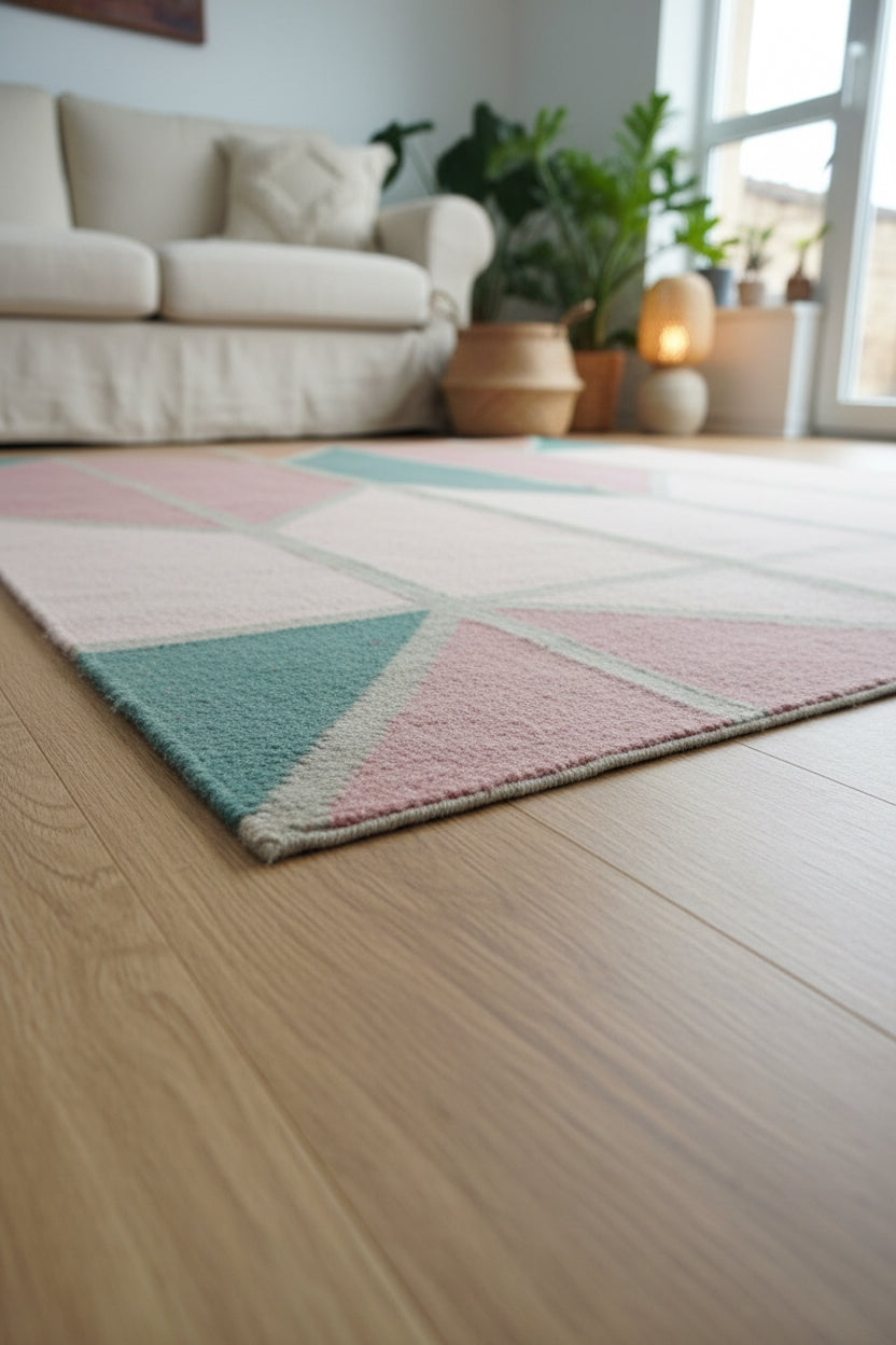 Close-up of hand-woven wool flatweave texture and neat edge finishing.