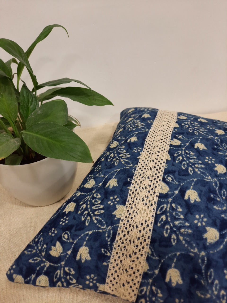 Cotton Indigo Motif Cushion Cover with Lace Trim