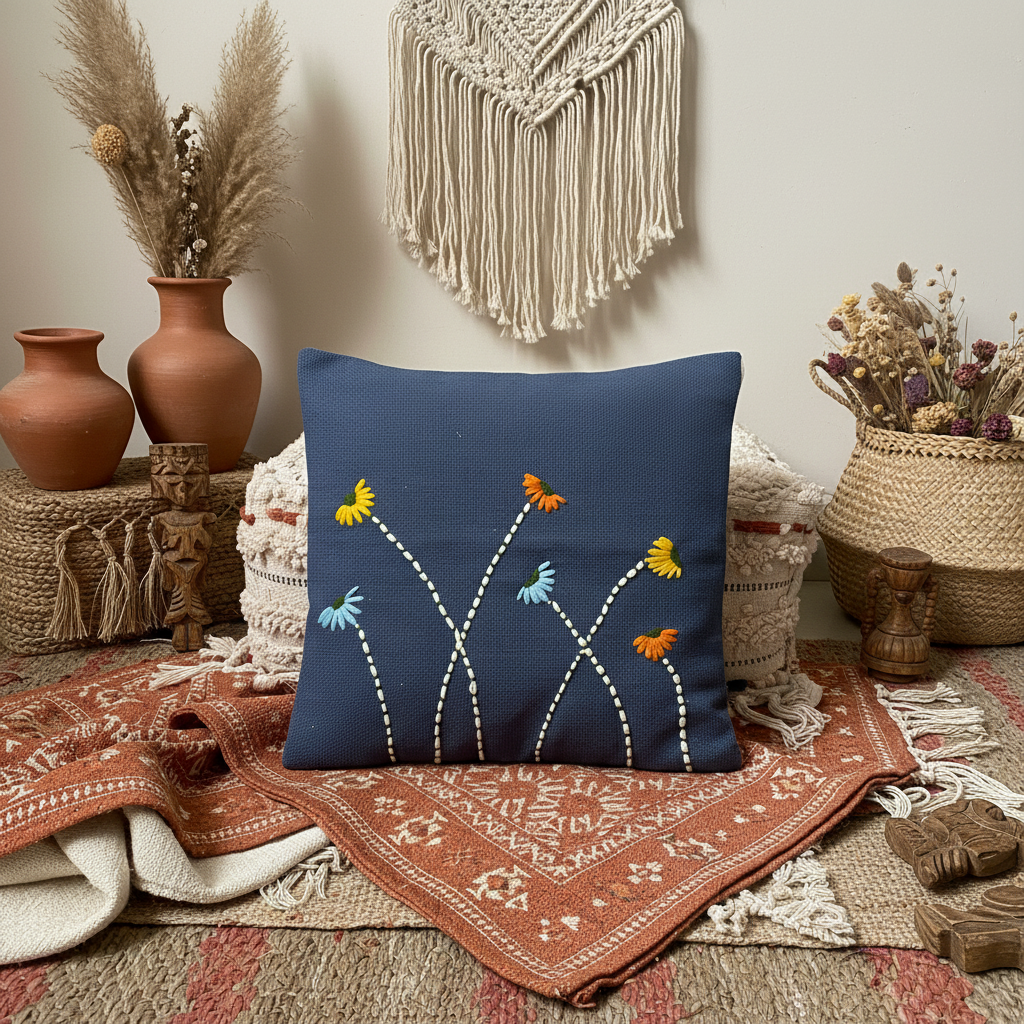 Hand Embroidered Wind bloom Cushion Cover | Bespoke artisan crafted handloom Navy Blue Cotton
