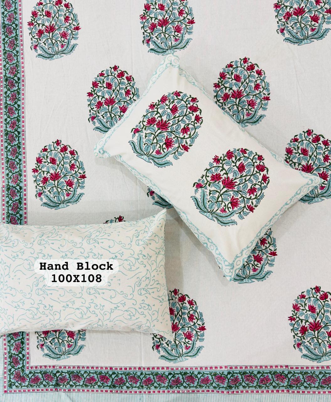 Floral Hand Block Print Pure Cotton King Size Bedsheet | Pure Cotton | White Base
