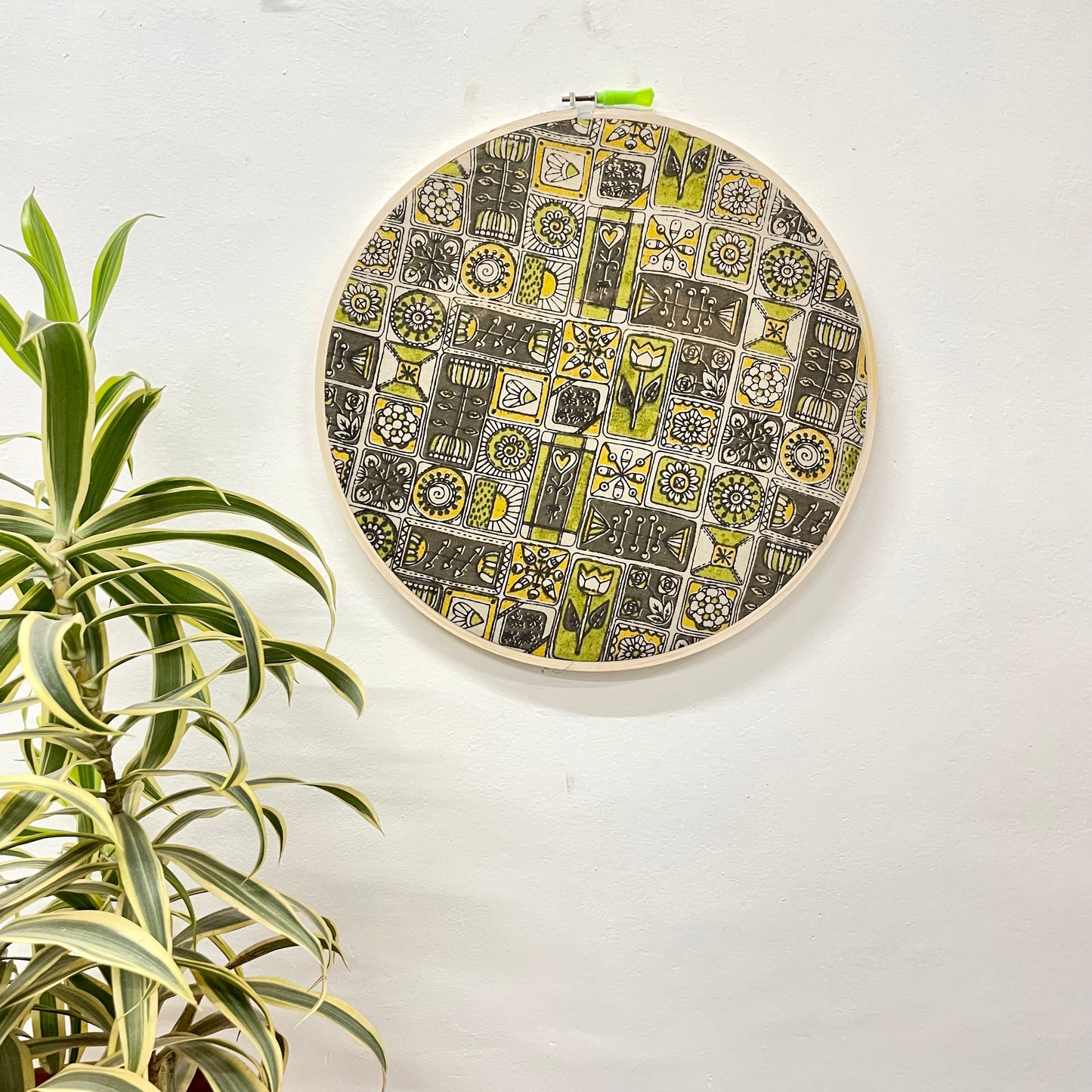 Geometric Print Ajrakh Embroidery Hoop – Abstract Mustard Yellow Shades | Upcycled Fabric | Multiple Sizes