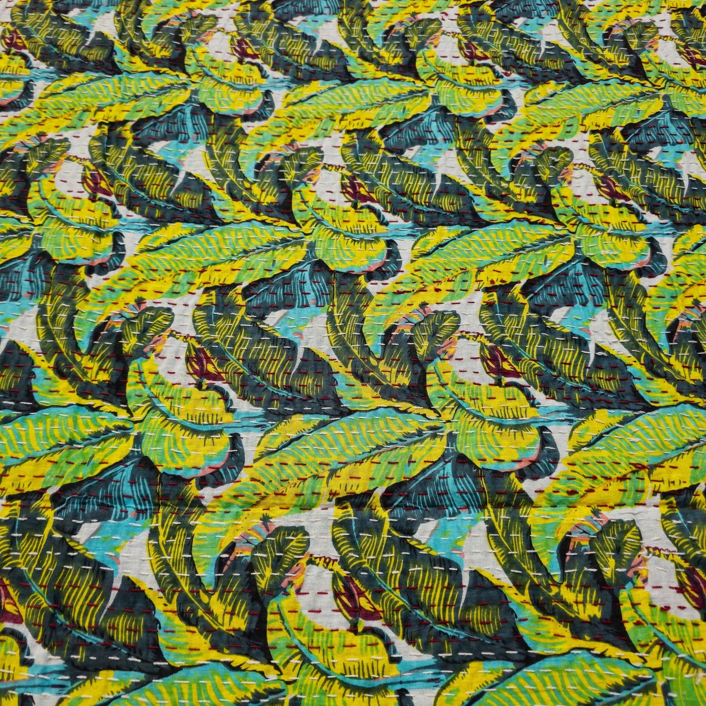 Green Banana Leaves Print Kantha Work Bedcover
