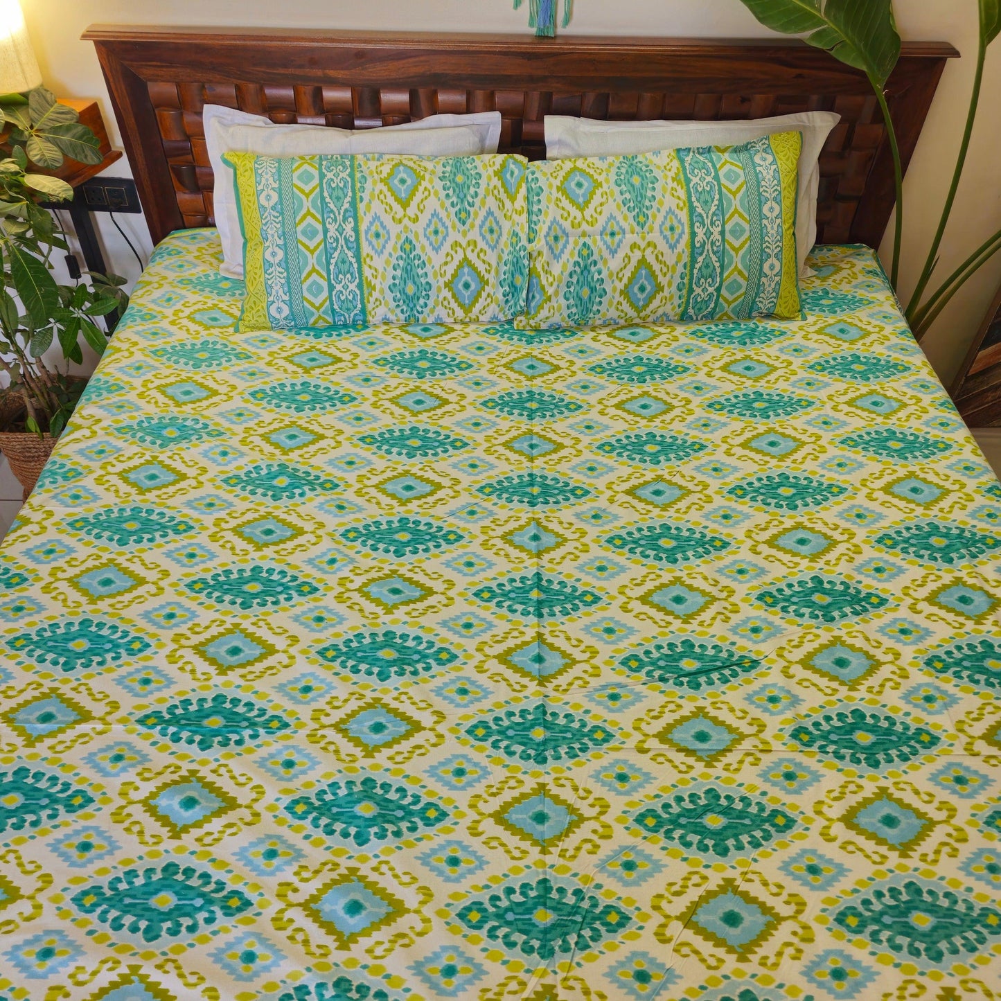 Green And Yellow Ikkat Print King Size Bedsheet