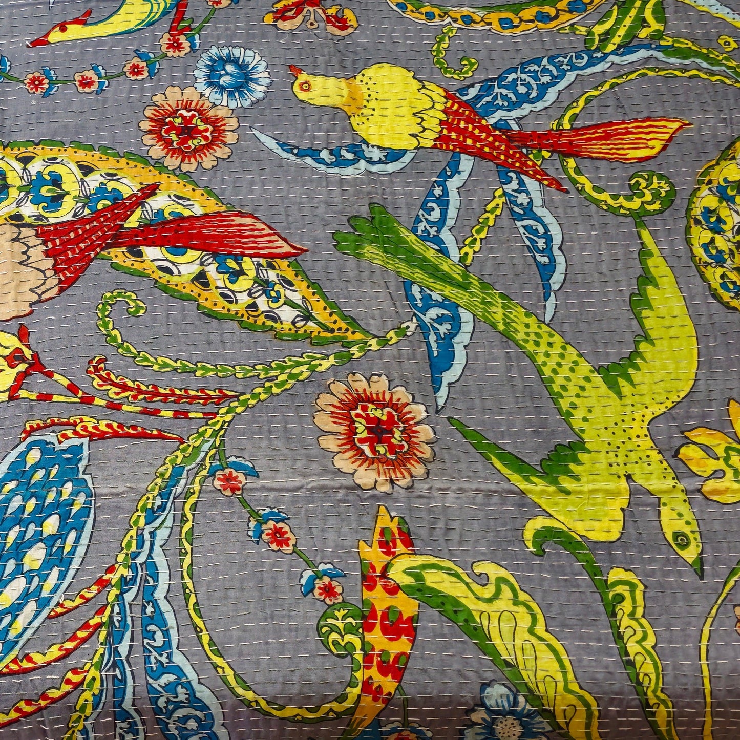 Grey Kantha Work Bedcover With Bird Print