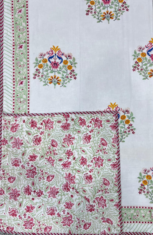 Floral and border patterns on a white fabric background