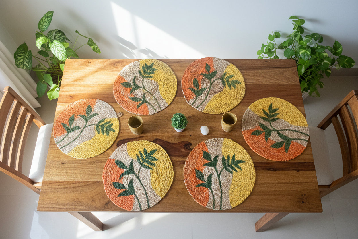 Hand Painted Leaves Round Jute Table Mats