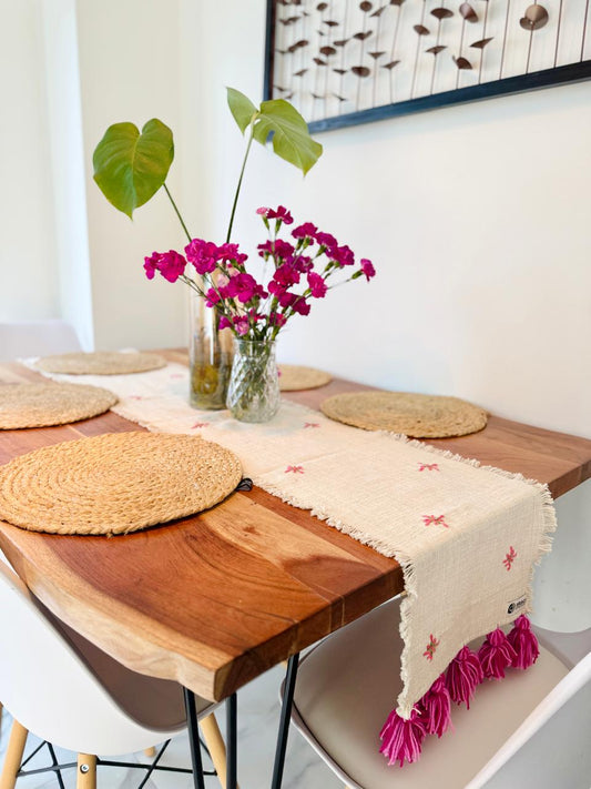 Handmade Embroidered Slub Cotton Table Runner – With Pink Woollen Tassels