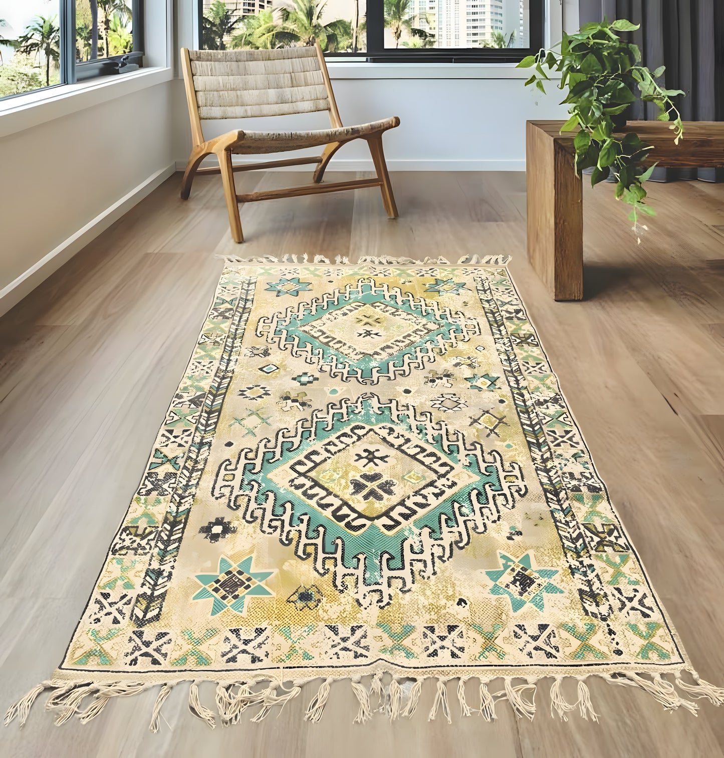 Handwoven 5x3 ft cotton dhurrie rug with green & yellow Persian-inspired print and tassels, perfect for boho or vintage-style decor