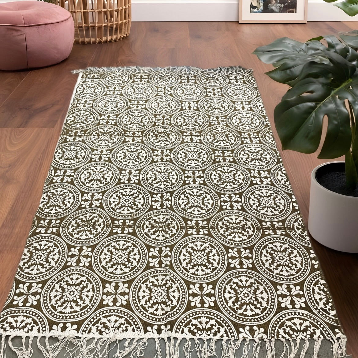 Handwoven 6.7x4 ft mandala patterned circular ethnic motif dhurrie carpet in brown and beige with tassels, perfect for modern spaces