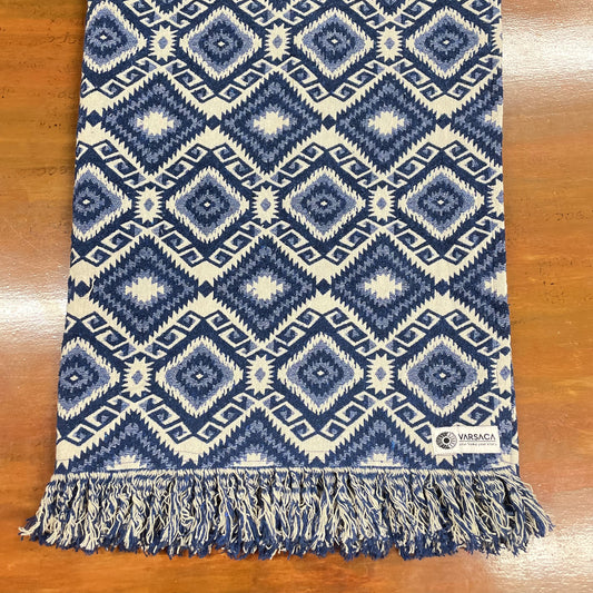 Handwoven Blue Handloom Cotton Sofa Cover – Jacquard Fabric with Fringes
