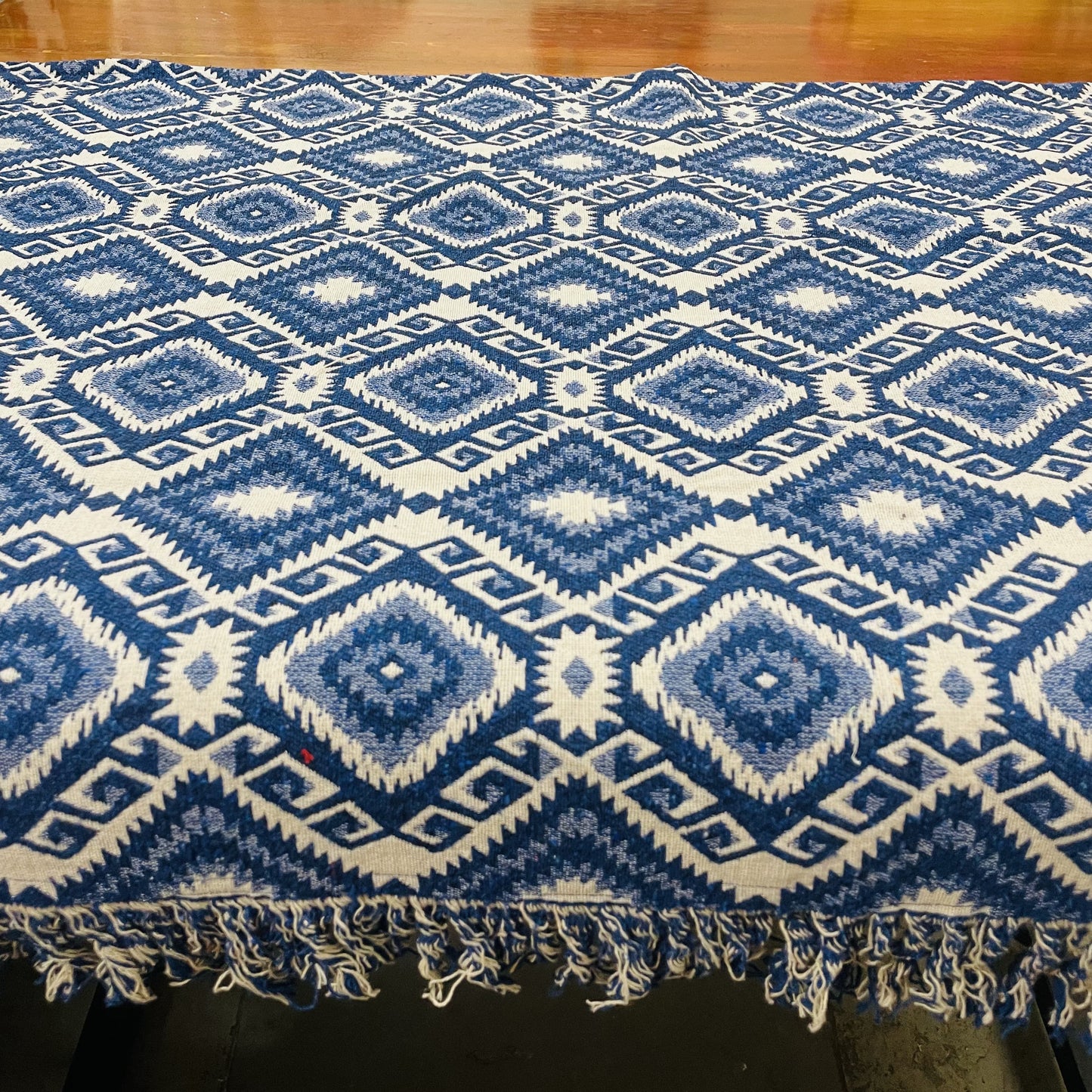 Handwoven Blue Handloom Cotton Sofa Cover – Jacquard Fabric with Fringes