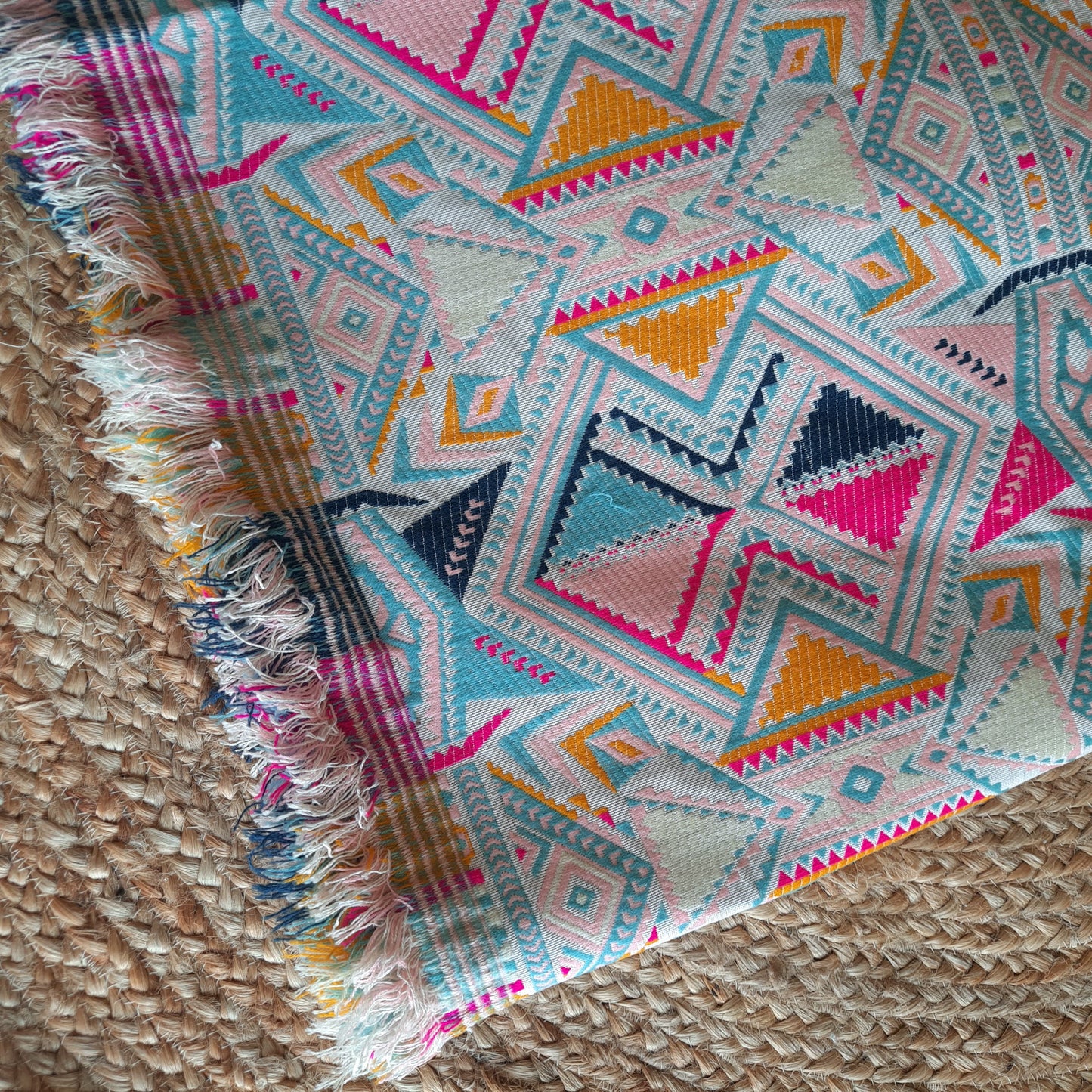 Handwoven Multicoloured Pastel Cotton Sofa Cover – Triangle Pattern & Fringes