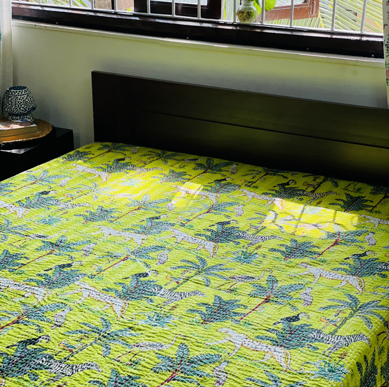 Bright Green Animal Print Kantha Bedcover | Reversible & Handmade