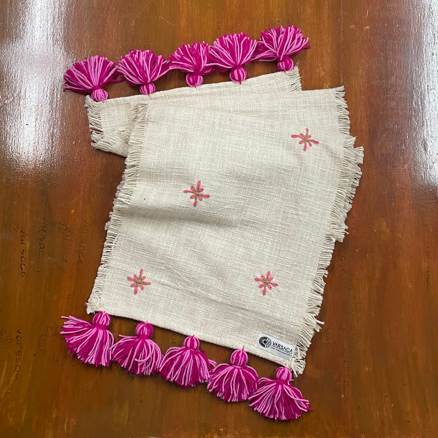 Handmade Embroidered Slub Cotton Table Runner – With Pink Woollen Tassels
