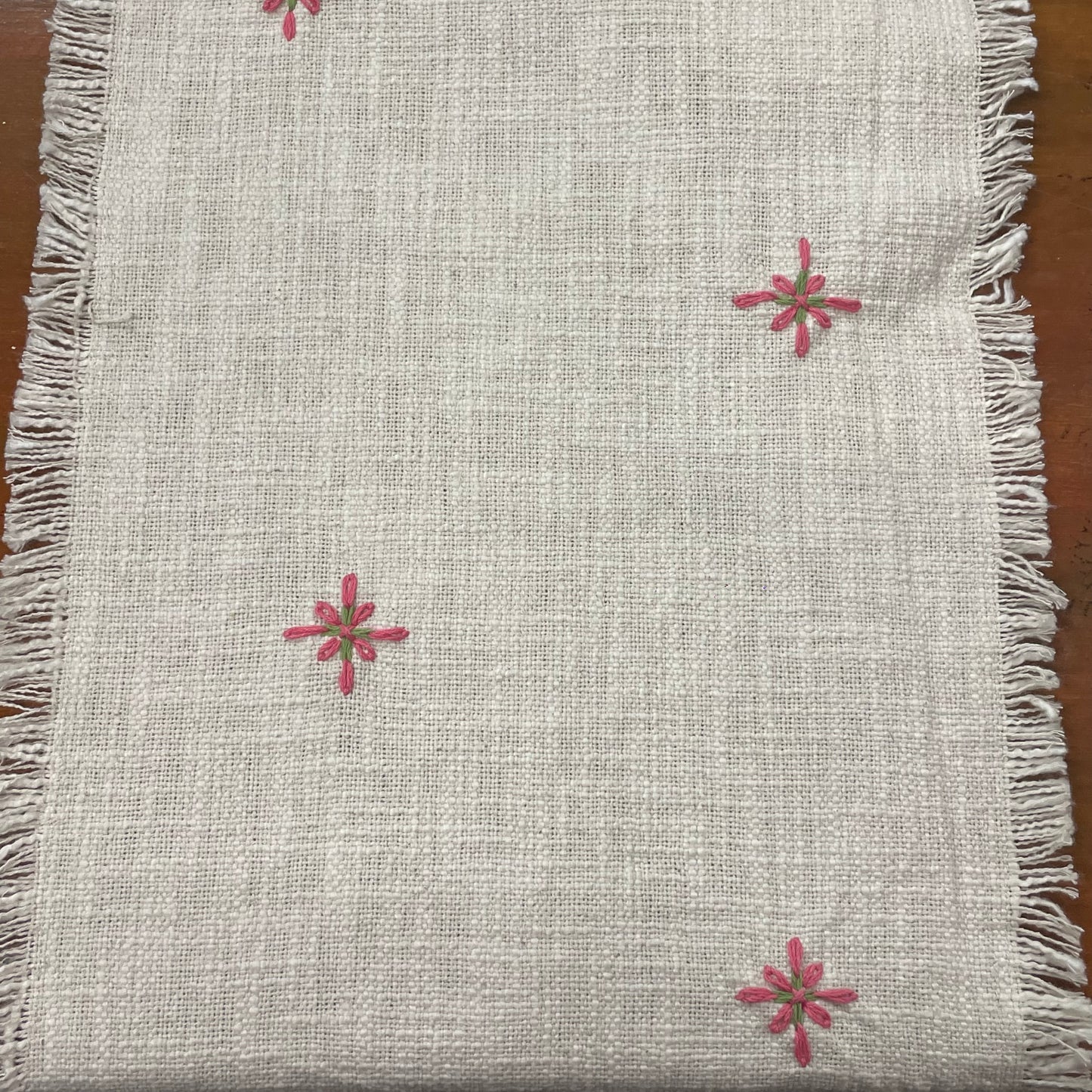 Handmade Embroidered Slub Cotton Table Runner – With Pink Woollen Tassels