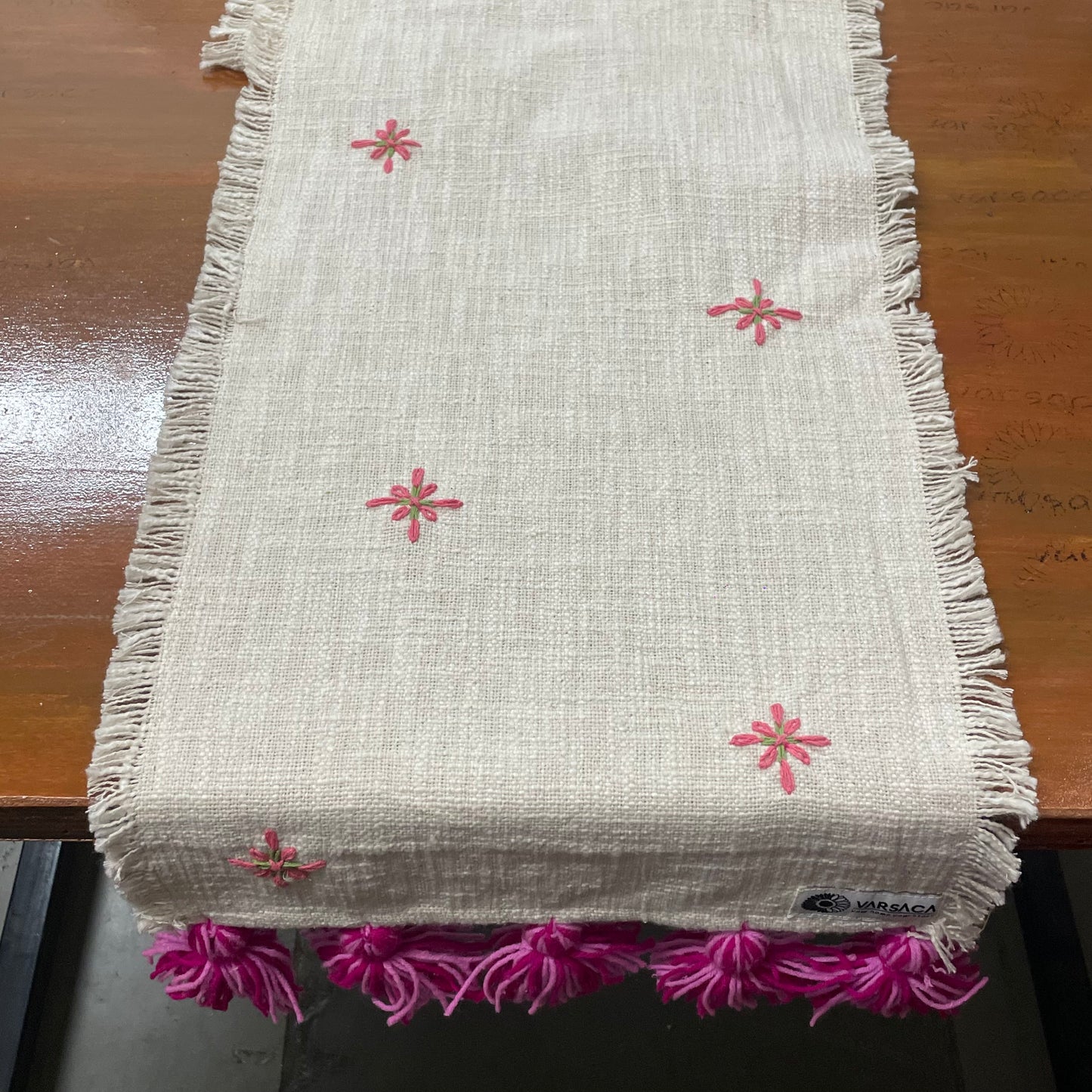 Handmade Embroidered Slub Cotton Table Runner – With Pink Woollen Tassels